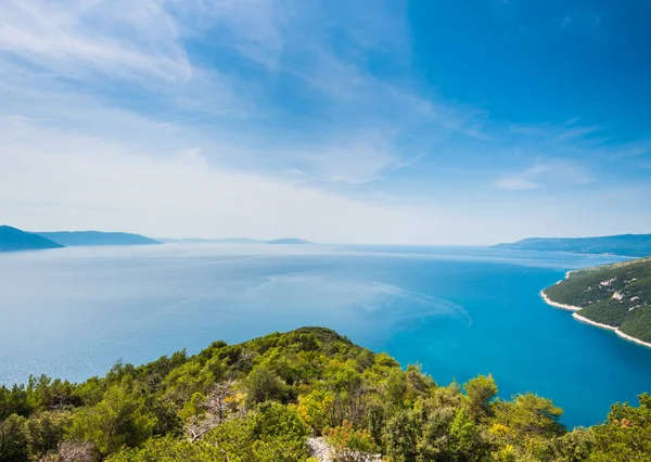 Istrische Küste in Kroatien mit blauem Himmel, grünen Pinienwäldern und klarem Wasser — Stockfoto