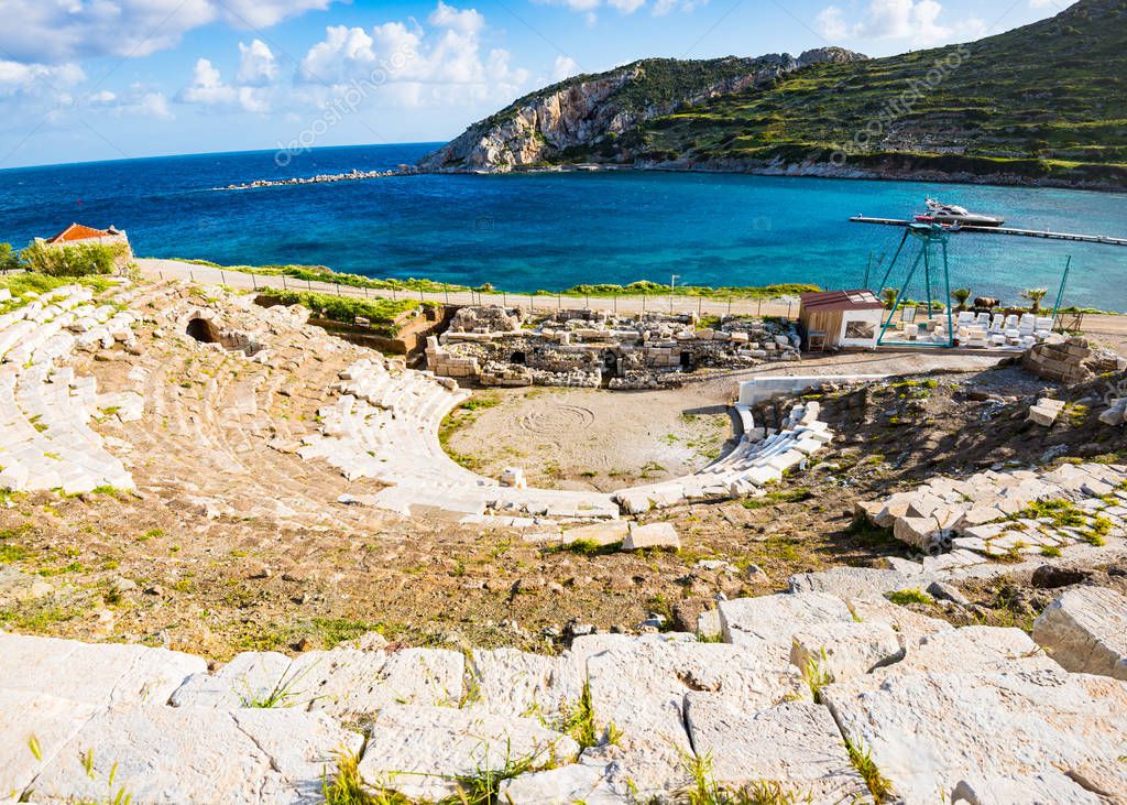 Ruins of amphitheater of Knidos ancient town on Datca peninsula in Turkey