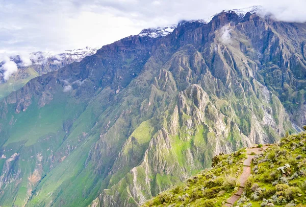 Colca Kanyonu 'nda yürüyüş yolu, kayalık dağlarla ve sisli gökyüzüyle Peru