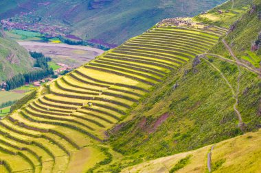 Peru 'da tarım terasları olan Pisac' ın İnka kasabası harabeleri tepede.