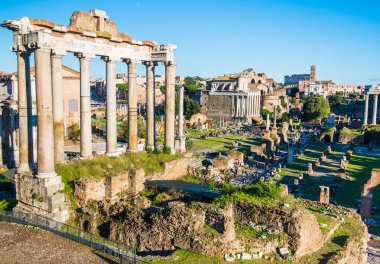 Roma Roma Forumu İtalya 'nın merkezinde, yumuşak akşam ışığı ve uzun gölgeli antik harabeler ve sütunlarla