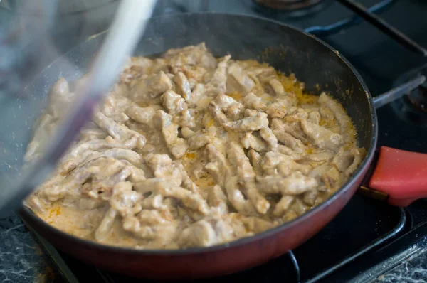 Beef stroganoff on the pan frying — Stock Photo, Image