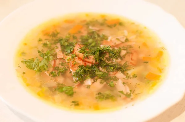 Sup dengan daging dan dipotong dill dan peterseli — Stok Foto