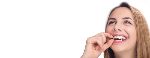 Smiling woman with silicone trainer close up. — Stock Photo, Image