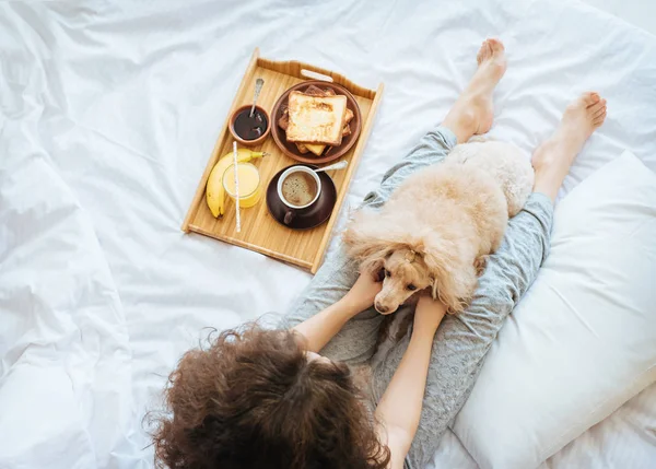 Jeune femme avec son chien dans un lit . — Photo