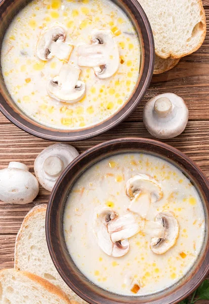 Mushroom soup on a rustic wooden background . — Stock Photo, Image
