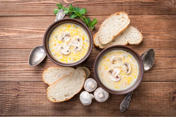 Mushroom soup on a rustic wooden background . — Stock Photo, Image