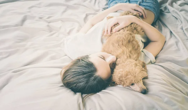 Jeune femme est couché et dort avec chien caniche au lit . — Photo
