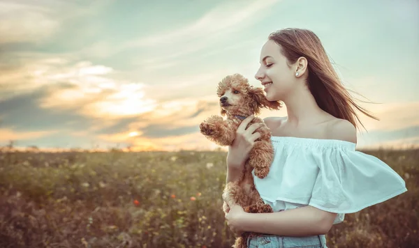 Vacker flicka vilar med en hund i ett fält. — Stockfoto