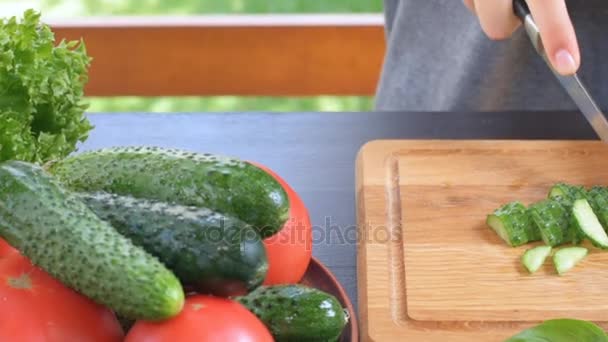 Vrouwelijke handen snijden komkommer. — Stockvideo
