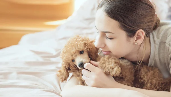 Ung kvinna ligga och sova med pudel hund i sängen. — Stockfoto