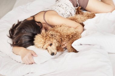 Genç kadın yalan ve kaniş köpek yatakta yatıyor.