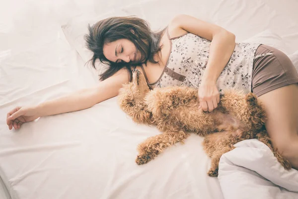 Fiatal nő hazudik és uszkár kutya az ágyban alszik. — Stock Fotó