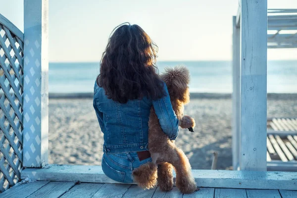 Kvinna med hennes hund på sandstranden sea beach . — Stockfoto