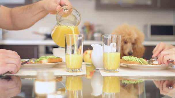 Cinemagraph - paar samen ontbijten. Giet de sinaasappelsap in een glas.. — Stockvideo