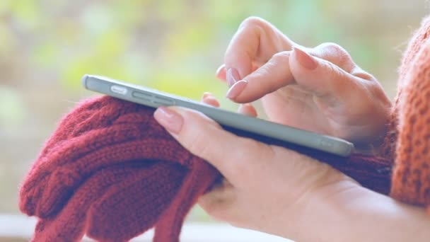 Kvinnliga händer använder smart telefon. Händerna håller vinterhandskar och en smartphone. — Stockvideo