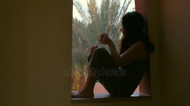 Young Woman Drinking Cap Tea Balkony Morning Travel Vacation Sinai — Stock Video