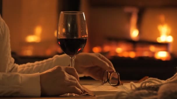 Junge Frau Sitzt Hause Kamin Und Trinkt Einen Rotwein — Stockvideo