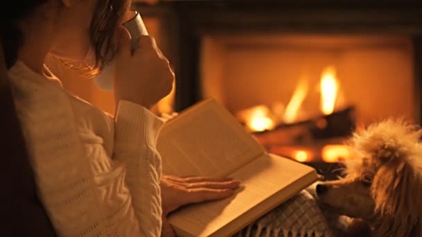 Young Woman Her Dog Sitting Home Fireplace Reading Book — Stock Video