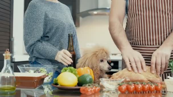 犬とカップルが夕食の準備とビールを飲みます 一緒に調理する台所をカップルします — ストック動画