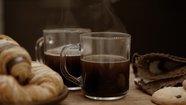 Vapor Una Tazas Con Café Caliente Desayuno — Vídeos de Stock