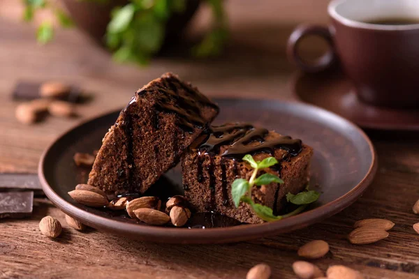 Brownie Chocolate Caseiro Mesa Madeira — Fotografia de Stock
