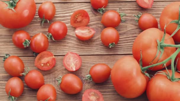 Cinemagraph Close Fresh Ripe Tomatoes Wooden Background Motion Photo — Stock Video