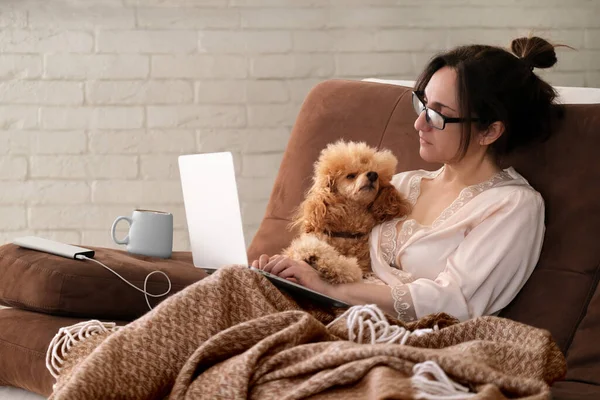 Kvinnan Jobbar Distans Kvinnor Med Hunden Arbetar Med Bärbar Dator — Stockfoto