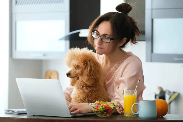 Молода Жінка Працює Дистанційно Молода Жінка Своїм Собакою Працює Ноутбуком — стокове фото