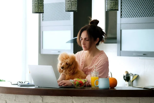 Young Woman Working Remotely Young Woman Her Dog Working Using — Stock Photo, Image