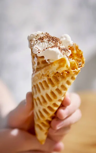waffle cone with ice cream and chocolate chips