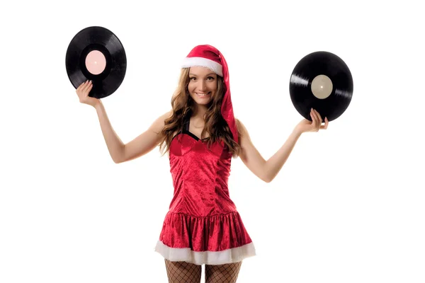 Mooie jonge vrouw in Santa Claus kostuum poseren in studio — Stockfoto
