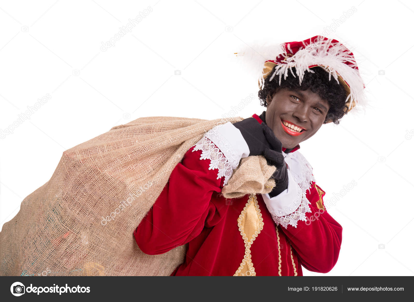 Zwarte Piet Black Pete with burlap sack full of presents. Si Stock Photo by ©twixx 191820626