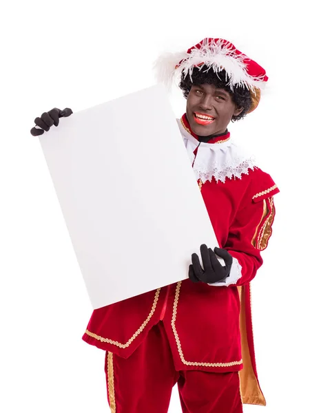 Zwarte Piet of Black Pete met karton, Sinterklaas evenement — Stockfoto