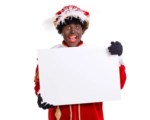 Zwarte Piet or Black Pete with cardboard, Sinterklaas event — стоковое фото
