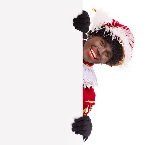 Zwarte Piet or Black Pete with cardboard, Sinterklaas event
