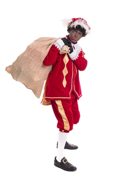 Zwarte Piet or Black Pete with burlap sack full of presents. Ful — Stock Photo, Image