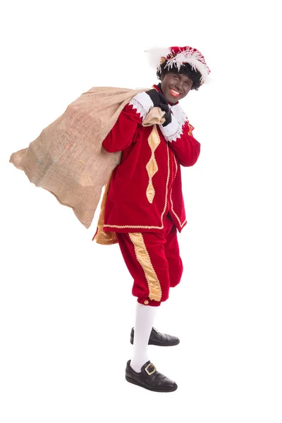 Zwarte Piet or Black Pete with burlap sack full of presents. Ful — Stock Photo, Image