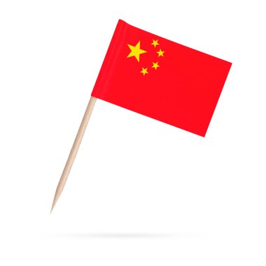 Minyatür kağıt Çin bayrağı. Beyaz arka planda izole edilmiş Çin kürdanı bayrağı işaretçisi. Aşağıdaki gölgede