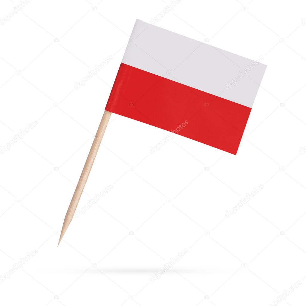 Miniature paper flag Poland. Isolated Polish toothpick flag pointer on white background. With shadow below