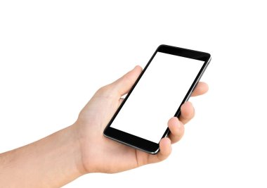 Beyaz arka plan üzerinde izole elinde modern smartphone