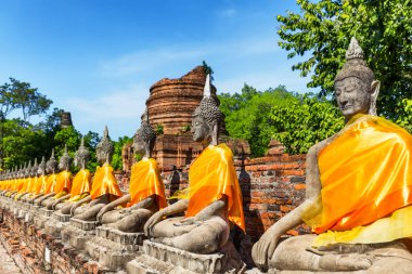 Ayutthaya 'da sıralanmış Buda heykelleri.