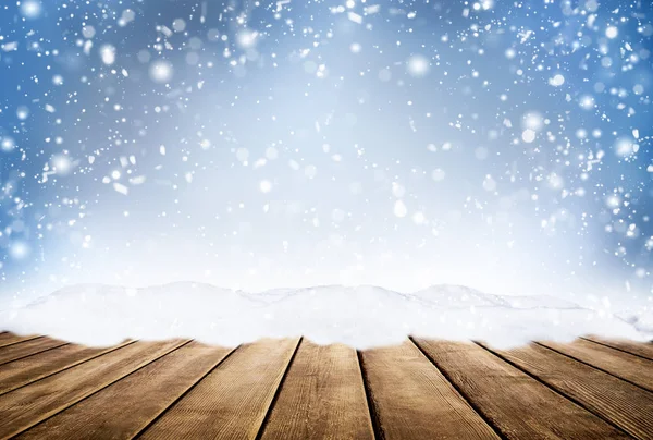 Fondo decorativo de Navidad con luces bokeh y copos de nieve — Foto de Stock