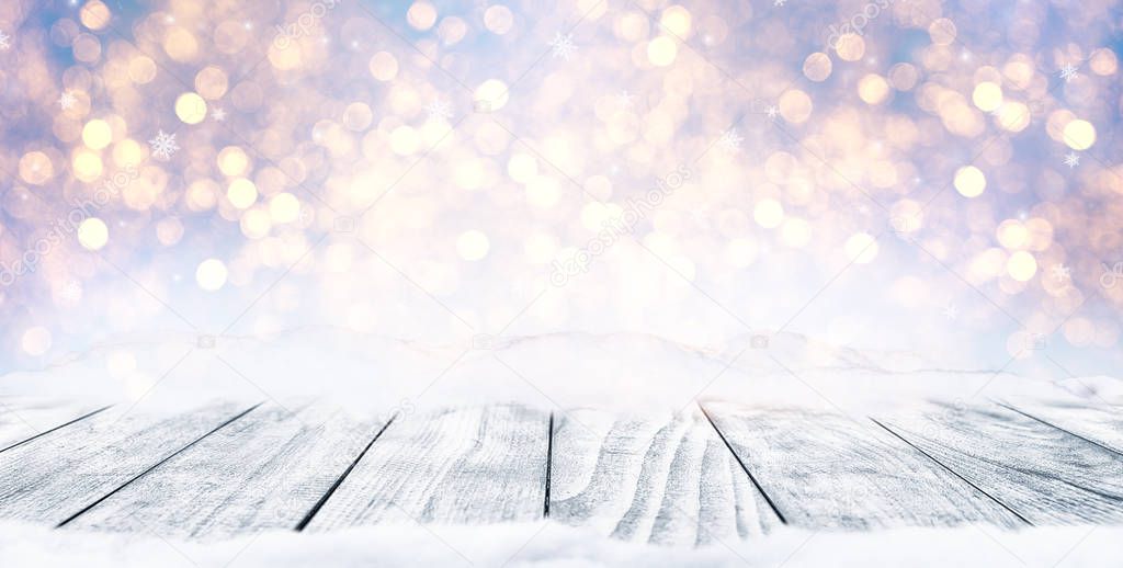 Decorative Christmas background with bokeh lights and snowflakes