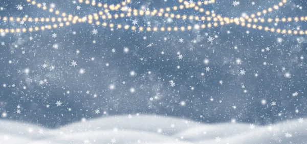 Dekoracyjne świąteczne tło bokeh świateł i płatki śniegu — Zdjęcie stockowe