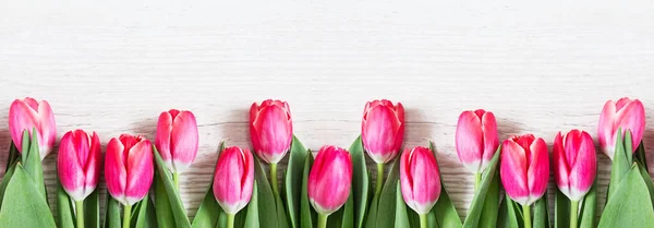 Λουλούδια Πανοραμική Περίγραμμα Των Όμορφων Ροζ Τουλίπες Ξύλινο Φόντο Ευχετήρια — Φωτογραφία Αρχείου