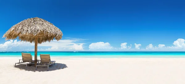 Strandstoler Med Paraply Vakker Sandstrand Punta Cana Den Dominikanske Republikk – stockfoto