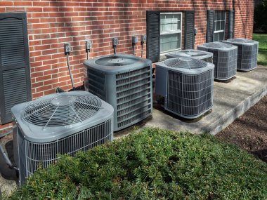 High efficiency modern AC-heater units, energy save solution-horizontal, outside an apartment complex clipart