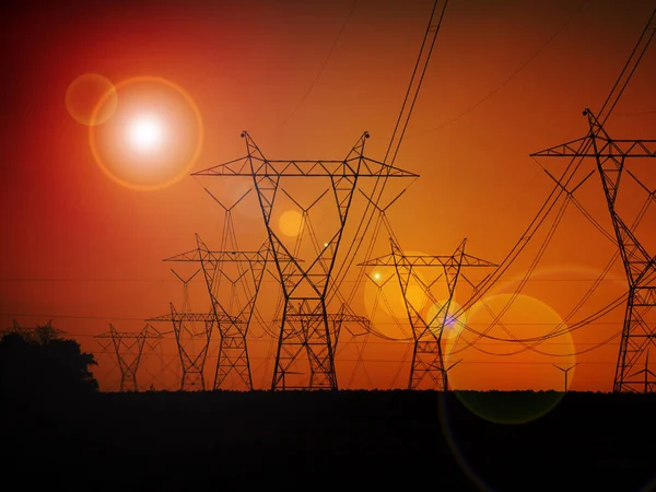 Silhouette High Voltage Electric Towers Sunset Time High Voltage Power — Stock Photo, Image