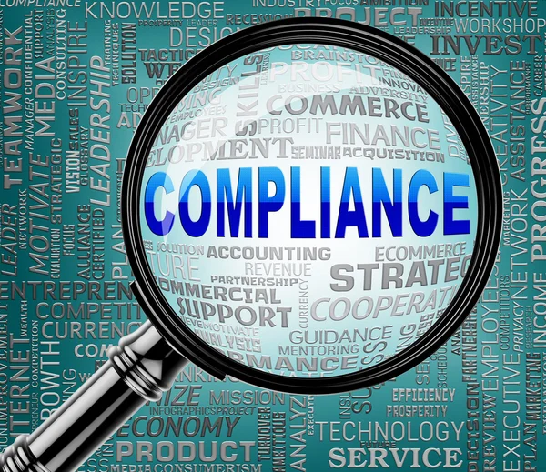 Compliance Lupe bedeutet Regulierungsvereinbarung 3d Rendering — Stockfoto